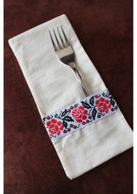 Resim 6 Adet Kanaviçe Çiçek Şeritli Keten Kaşıklık Servis Sunum Krem 