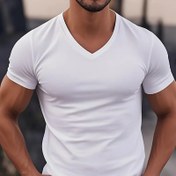 Resim Erkekler için Günlük Dış Mekan V-Yaka Kısa Kollu Tişört, Ev ve Dışarı Giyim İçin Makinede Yıkanabilir Yumuşak Rahat Üst, Klasik Moda Çok Yönlü Konforlu Temel Stil 