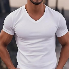 Resim Erkekler için Günlük Dış Mekan V-Yaka Kısa Kollu Tişört, Ev ve Dışarı Giyim İçin Makinede Yıkanabilir Yumuşak Rahat Üst, Klasik Moda Çok Yönlü Konforlu Temel Stil 