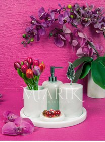 Resim MIARIK DESIGN & DEKORASYON Dekoratif Beyaz Mermer Yaprak Detaylı 5 Li Banyo Seti Takımı 