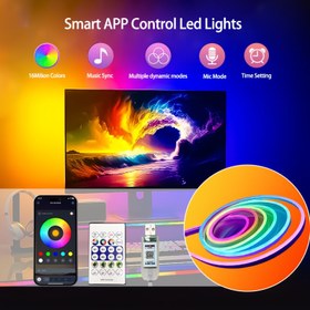 Resim 1 Neon LED Şerit Işık, 5.0metre RGB IC Neon LED Işıkları ile Müzik Senkronizasyonu, IP67 Yüksek Kaliteli Esnek Neon Işık Şeridi, DIY Yaratıcı, Uzaktan Kumanda, USB Güçlü Renk Değiştiren LED Şerit Işık, Ev Dekorasyonu için Uygun, Partiler ve Atmosfer Aydınlatması için Mükemmel, Çok Fonksiyonlu Dekoratif Şerit Oturma Odası ve Yatak Odası için 
