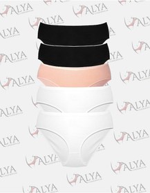 Resim Alya Underwear Kadın Pamuklu Hipster - Slip Külot 5 Farklı Renk 1 Pakette Beyaz-siyah-ten P01 