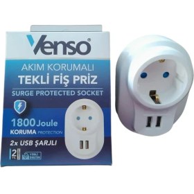 Resim Venso Akım Tekli Korumalı 2xusb Şarjlı Fiş Priz 1080 Joule 