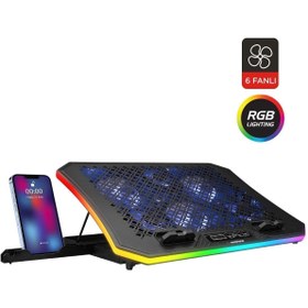 Resim Rampage Ad-rc34 Metafor Siyah Rgb 6 Fanlı Telefon Tutuculu Rgb Işıklı 10-19inç Notebook Soğutucu Stand 