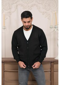 Resim Woolen World Regular Fit V Yaka Ön Cepli Desenli Triko Hırka Siyah 
