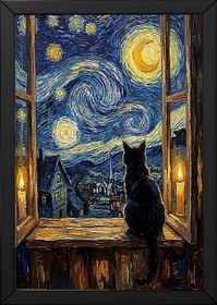 Resim Black Cat Window Print - Van Gogh Starry Night Cozy Cottage Wall Art - With Hanger - Black / 16 x 20" (40x50 cm) 