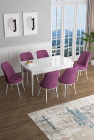 Resim Canisa Han Serisi 70x114 Açılabilir Mdf Mutfak Masası Takımı Beyaz Masa 6 Mor Sandalye 