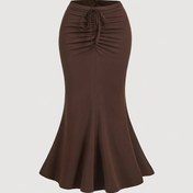 Resim Kadınlar için Şık Kahverengi Midi Etek, İpli ve Fırfırlı Etek Kenarı - Günlük, Esnek Polyester Karışımı, Makinede Yıkanabilir, Yaz İçin Mükemmel 