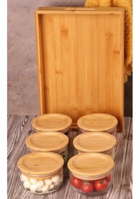 Resim Duo 300 Ml Silikonlu Bambu Kapaklı Cam Kahvaltılık Lüx Kahvaltılık Sunum Seti Kahverengi 