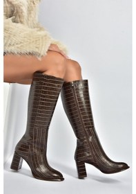 Resim Fox Shoes V590179611 Kahverengi Süet Kalın Topuklu Klasik Kadın Çizme Kahverengi-kroko Baskı 