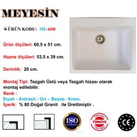 Resim Meyesin ME-60B Granit Tek Gözlü Mutfak Evyesi Beyaz 50 x 60 CM 