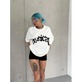 Resim Nemere Bisiklet Yaka Baskılı Oversize T-Shirt - Beyaz 