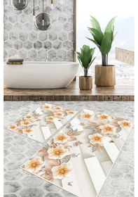 Resim Dijital Baskı Çicek Desen Kaymaz Taban 2li Set Banyo Paspası Klozet Takımı 50x60cm-60x100cm Krem 