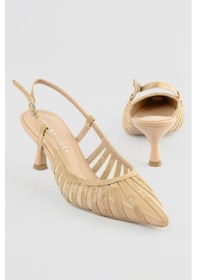 Resim Kadın Stiletto Yılan Desenli File Detaylı Topuklu Ayakkabı Serpa Bej Bej 