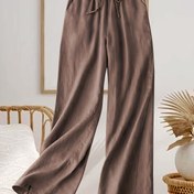 Resim Kadınların Retro Yüksek Bel Geniş Paça Pantolonu - Siyah, Nefes Alabilir Viskon Keten Karışımı, Gevşek Kesim, Elastik Bel Bandı ve Çekme İpi ile Rahat Yazlık Pantolonlar Cep Detaylı 