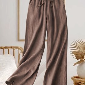 Resim Kadınların Retro Yüksek Bel Geniş Paça Pantolonu - Siyah, Nefes Alabilir Viskon Keten Karışımı, Gevşek Kesim, Elastik Bel Bandı ve Çekme İpi ile Rahat Yazlık Pantolonlar Cep Detaylı 