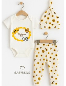 Resim Halasının Balı Yazılı 3 Lü Bebek Takımı Pamuklu Kısa Kollu Çıtçıtlı Body, Arı Desenli Pantolon,bere 1 Babyden's Halasının Balı Yazılı 3 Lü Bebek Takımı %100 Pamuklu Kısa Kollu Çıtçıtlı Body, Arı Desenli Pantolon,bere Seti Ekru 