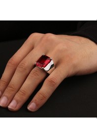 Resim Fkgümüş 925 Ayar Gümüş Kırmızı Taşlı Sade Erkek Yüzük Silver 