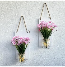 Resim Led Işıklı, Pembe Nergis Çiçekli Duvar Dekoru Beyaz İkili Set Beyaz 