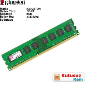 Resim Kingston 4GB DDR3 1333MHz PC Ram KVR13N9S8/4 Oyun ve Tasarım Uyumlu Kutusuz Bellek 