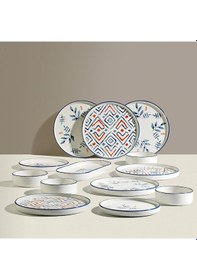 Resim Nehir Blue Orange 6 Kişilik 13 Parça Seramik Kahvaltı Takımı Beyaz - Mavi 