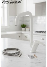 Resim 55-12 Mutfak Bataryası Köşe Borulu Eviye Musluğu Musluk Armatür Siyah Krom Gold Beyaz Renkler Beyaz 