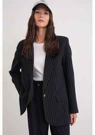 Resim Mixray 4753 Kadın Çizgili Oversize Blazer Ceket Lacivert 