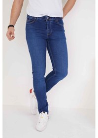 Resim Erkek Mavi Düz Slim Fit Likralı Dar Paça Kot Pantolon Lacivert 