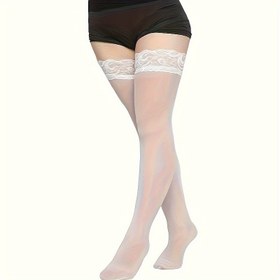Resim 1 Çift Dantel Trim Kalça Yüksek Çoraplar, Dar Kesim File Over The Knee Çoraplar, Kadın Çorapları ve Çorapları - Polyester, Elde Yıkan, Düz Renk, Örgü Kumaş, 90 g/m² 