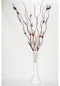 Resim 60 Cm Beyaz Desenli Vazo 5 Adet Mor Çiçek 5 Adet Kahverengi Dal 