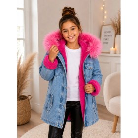 Resim Burçak Butik Kız Çocuk Kapüşonlu Içi Peluş Kürklü Kot Mont Kaban - Kışlık 