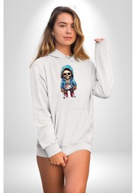 Resim Hiphop Kurukafa Hoodie Kadın Erkek Beyaz Kapüşonlu Sweatshirt Hoodie Beyaz 