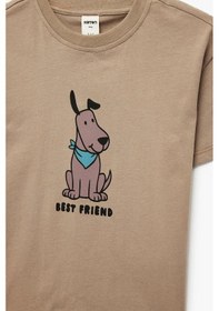 Resim Koton Erkek Bebek Köpek Baskılı Kısa Kollu Bisiklet Yaka Pamuklu Oversize Tişört Kahve 
