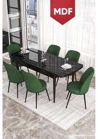 Resim Canisa Kor Serisi, Siyah Mermer Desen MDF 70x114 Açılabilir Yemek Masası Takımı, 6 Sandalye Masa Siyah Mermer Desen Sandalye Haki 