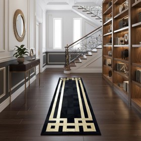Resim Siyah Zeminli Altın Çerçeveli Dana Derisi Runner Halı - 100x250 cm 