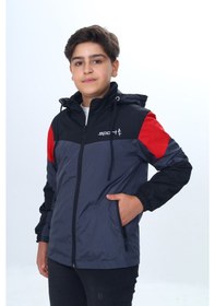 Resim Toontoy Kids Toontoy Erkek Çocuk Dik Yaka Kapüşonlu Fermuarlı Cepli Baskılı Renk Bloklu Dokuma Yağmurluk - Füme 