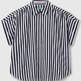 Resim United Colors of Benetton Kadın Lacivert Keten Karışımlı Çizgili Kimono Kol Gömlek 
