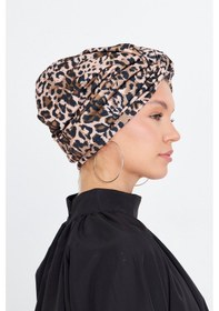 Resim Hürrem Bone Pudra Çapraz Büzgülü Tesettür Bone Sandy Leopar Desen 2511 06 Pudra 