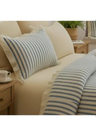 Resim Mavi-bej % 100 Pamuk Fırfır İplik Boyalı Nevresim Takımı,modern Çizgili Tek Kişilik Çok Renkli 