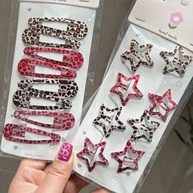 Resim 8 Parça Y2K Tatlı ve Şirin Saç Tokası Seti - Leopar Desenli, Geometrik Yıldızlar & Su Damlası Şekilleriyle Kadınlar İçin 