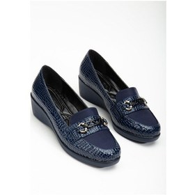 Resim Kadın Dolgu Topuklu Ayakkabı Lacivert Rugan Kroko Baskılı-3198 Lacivert 