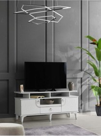 Resim 110 CM ART RAFLI MDF MEBRAN KAPAK TV SEHPASI BEYAZ - GÜMÜŞ 