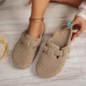 Resim Kadınlar İçin Peluş Kaydırmalı Terlikler - Yumuşak Kumaş Üst ve Astar, Yastıklı PVC Taban, Tüm Mevsimler İçin Ev/Dış Mekan Kullanımı, Rahat Tasarım, Şık ve Konforlu Ev Ayakkabısı, Basit Desenli, Sıcacık Yaşam 