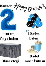Resim 2 Yaş Mavi-siyah Balon Rakam Folyo Banner Mısır Kutusu Masa Eteği 