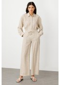 Resim On Kadın Minimalist Keten Pantolon - Yüksek Bel Geniş Paça - Rahat Ve Şık Bej 