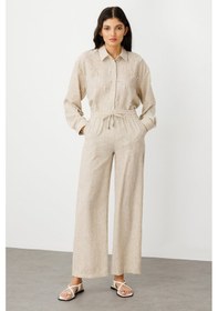 Resim On Kadın Minimalist Keten Pantolon - Yüksek Bel Geniş Paça - Rahat Ve Şık Bej 