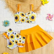 Resim Kızlar İçin Fırfır Detaylı Rastgele Desenli Bikini Takımı + Mayo 3 Parça 
