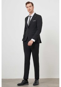 Resim Morven Erkek Siyah Poliviskon Basic Jakar Desen Slim Fit Sivri Yaka Takım Elbise Siyah 