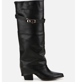 Resim Kadın Siyah Tokalı Diz Altı Kalın Topuklu Çizme Siyah 