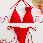 Resim Ocak Ayı Seksi Stil Yeni Düz Renk Gül Çiçeği Transferli Bikini Kadın Mayo, Avrupa ve Amerikan Seksi Toplama için Ayarlanabilir Bağcıklı 
